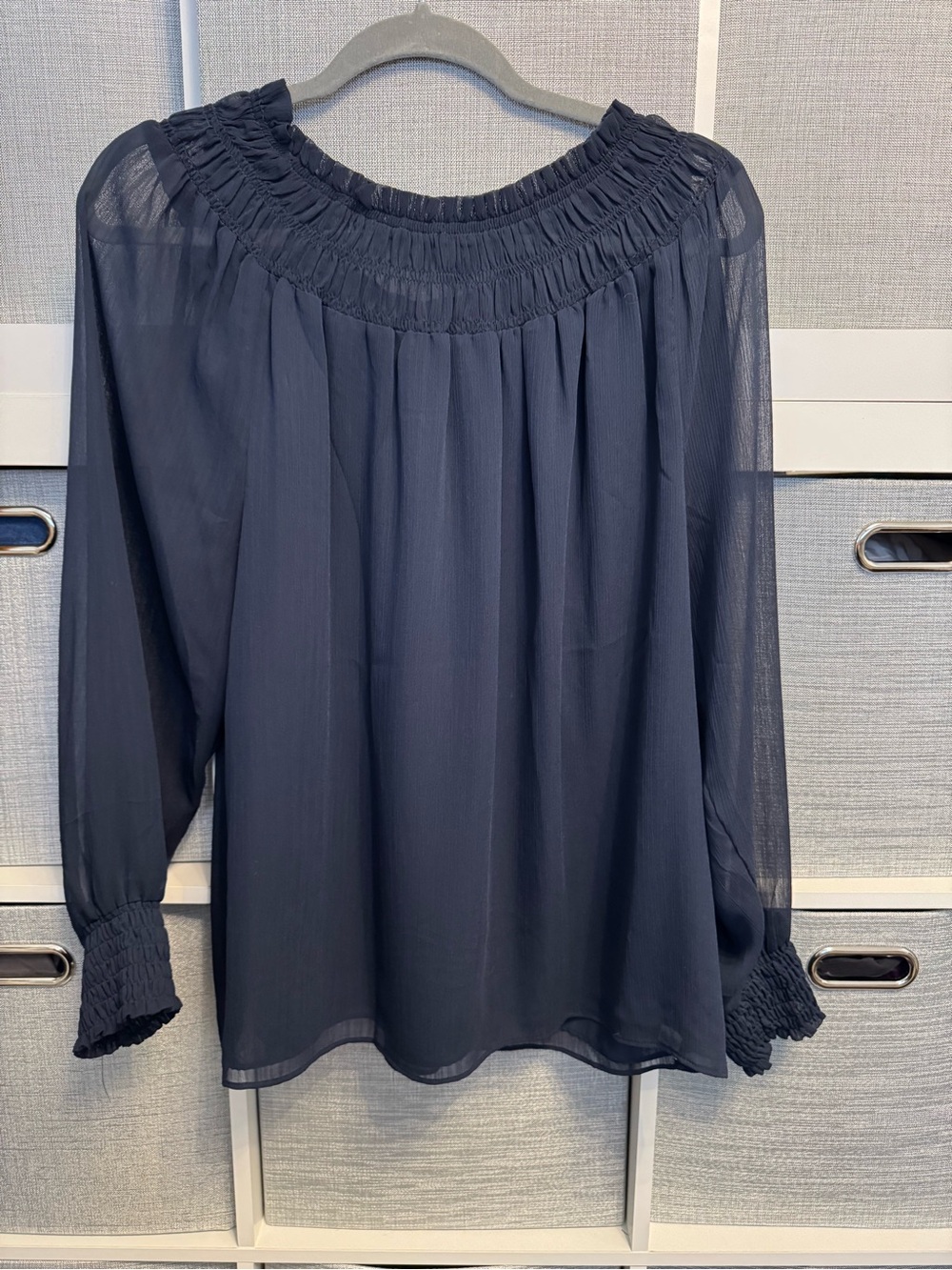 Ann Taylor Factory Navy Smocked Neck Long Sleeve Blouse